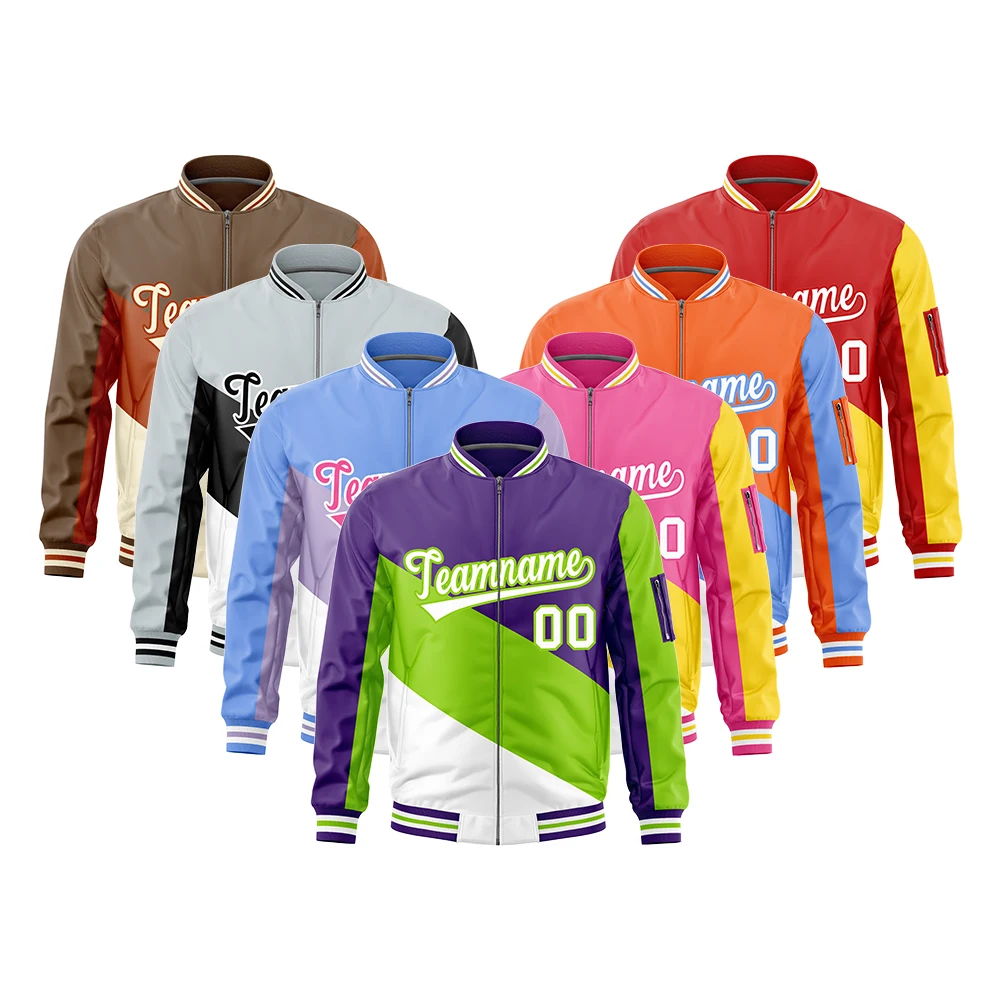 Wholesale Customizable Men's Bomber Jacket with Varsity Color Block Letterman Design Front-Stitched Name Number Stand for Winter
