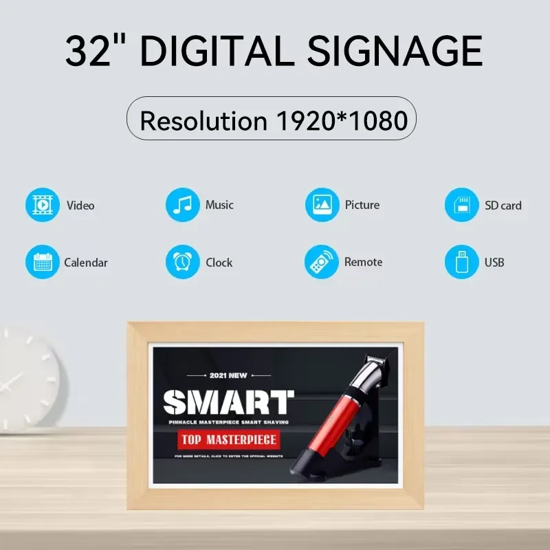 21.5inch Android Touch Screen Solid Wood Digital Photo Frame Signage Electronic Picture Album Wi-Fi Clock MP3 MP4 Video