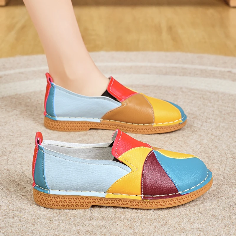 Women's Loafers Casual Mothers Shoes Retro Flats Mixed Color Round Toe Soft Bottom Non-Slip