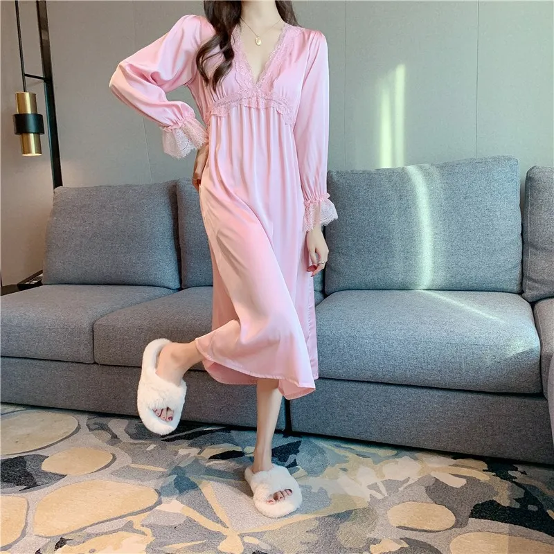 

Princess Style Long Sleeve Sleepwear Dress Women's Home Skirt with Chest Pad Spring Autumn New Style Comfortable Nightgown