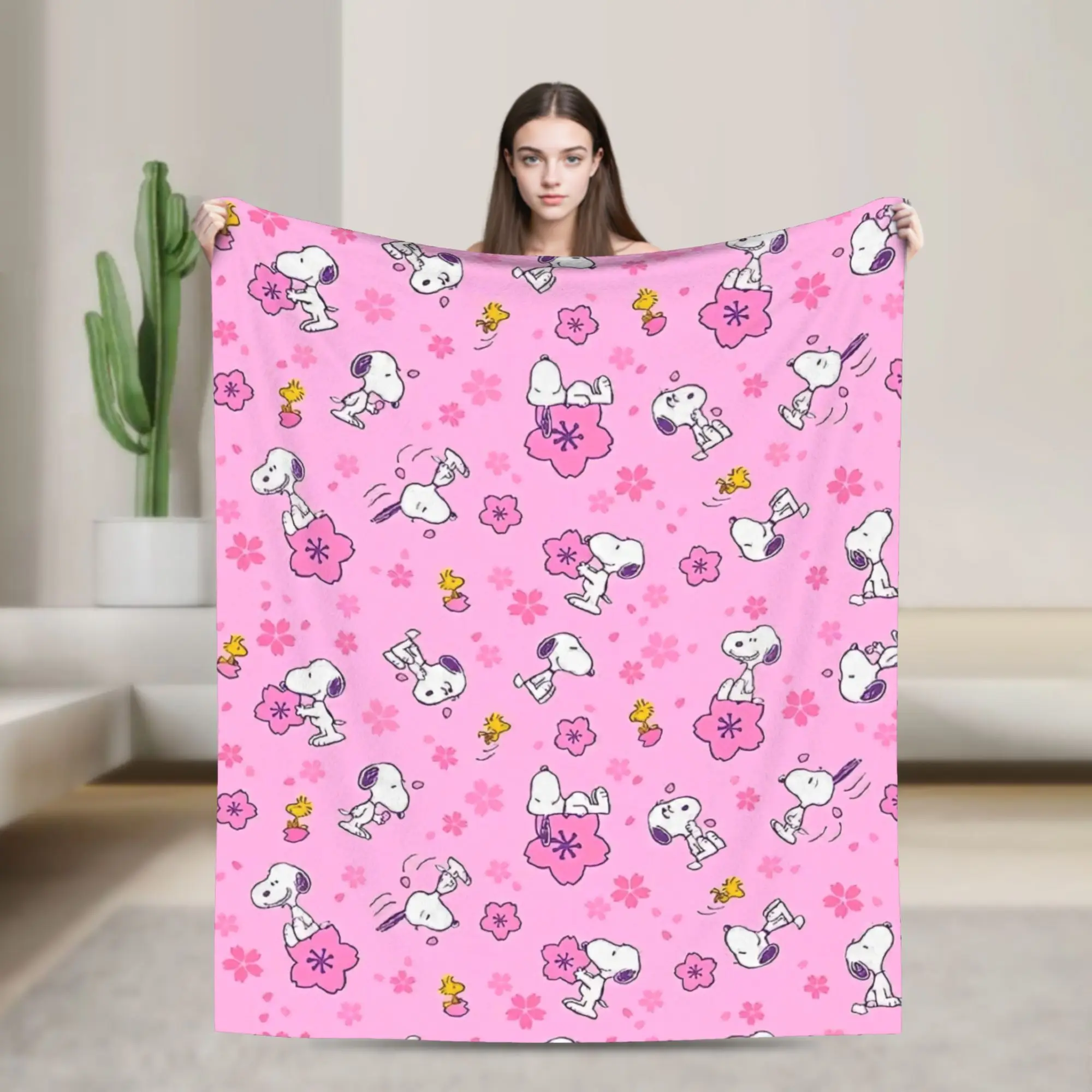 Pink Snoopys Woodstock Knitted Blankets Cartoon Fleece Throw Blanket Summer Air Conditioning Portable Lightweight Bedsprea,