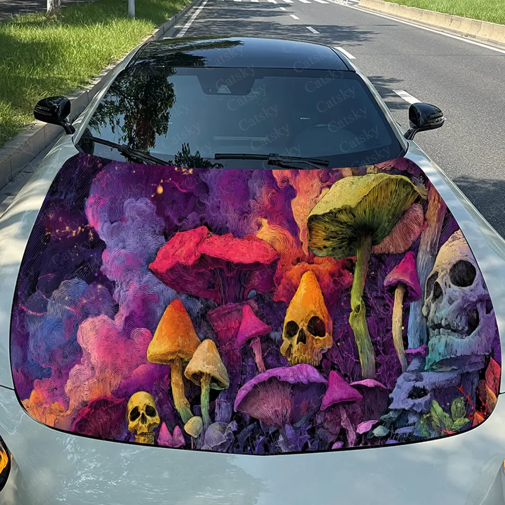 Impressive Colorful Mushroom Skull Car Hood Stickers - Self-Adhesive, Waterproof and Durable Vinyl Wrap, Decorate And Protect Yo
