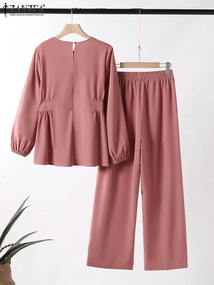 ZANZEA, blusa de manga larga con cinturón para vacaciones, trajes para mujer, conjuntos de pantalones lisos de 2 uds, pantalones largos de moda, traje informal de otoño a juego