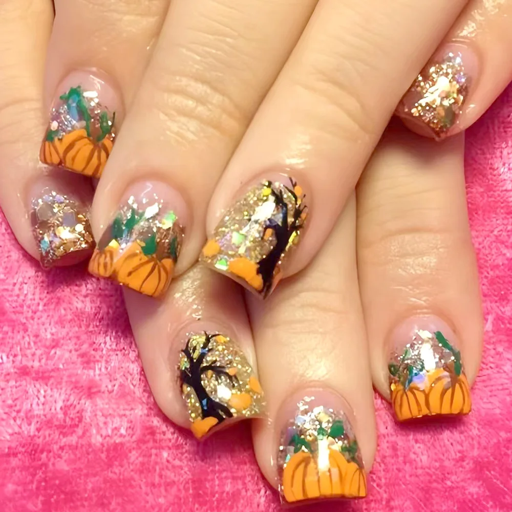 

24Pcs Pumpkin Tree Design False Nails Art Short Square Head Press on Fake Nails with Shiny Powder Reusable Full Cover Nails Tips