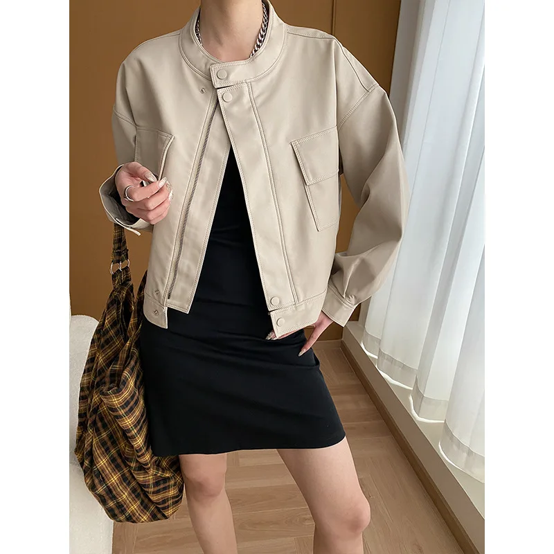 

American Modern Retro Workwear Stand Up Collar Short Leather Jacket 2025 Autumn/winter New Style