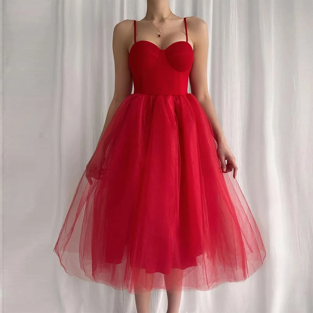 

Modern Women's Cocktail Party Gowns Net A-line Valentine's Day Dress Jersey Red Spaghetti strap Ruched Party Midi Dress 2024