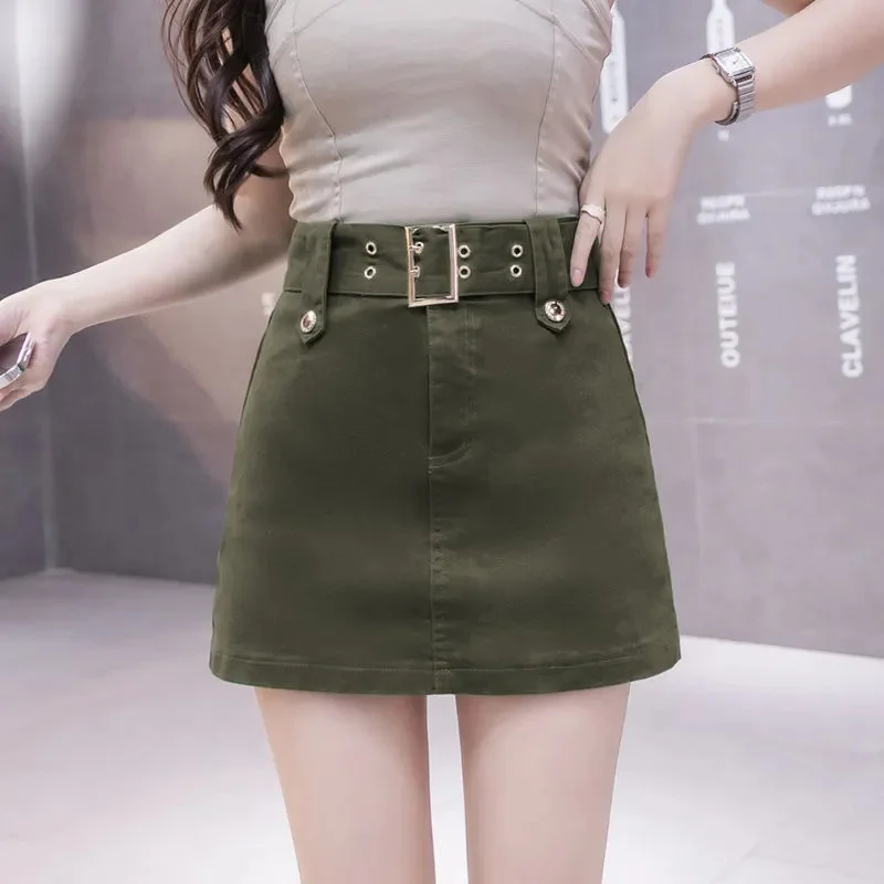 Women Denim Short Skirt Spring Summer A-Line Skirts High Waist Korean Jean Culottes Students Belt Slim Sheath Skirts Have Lined