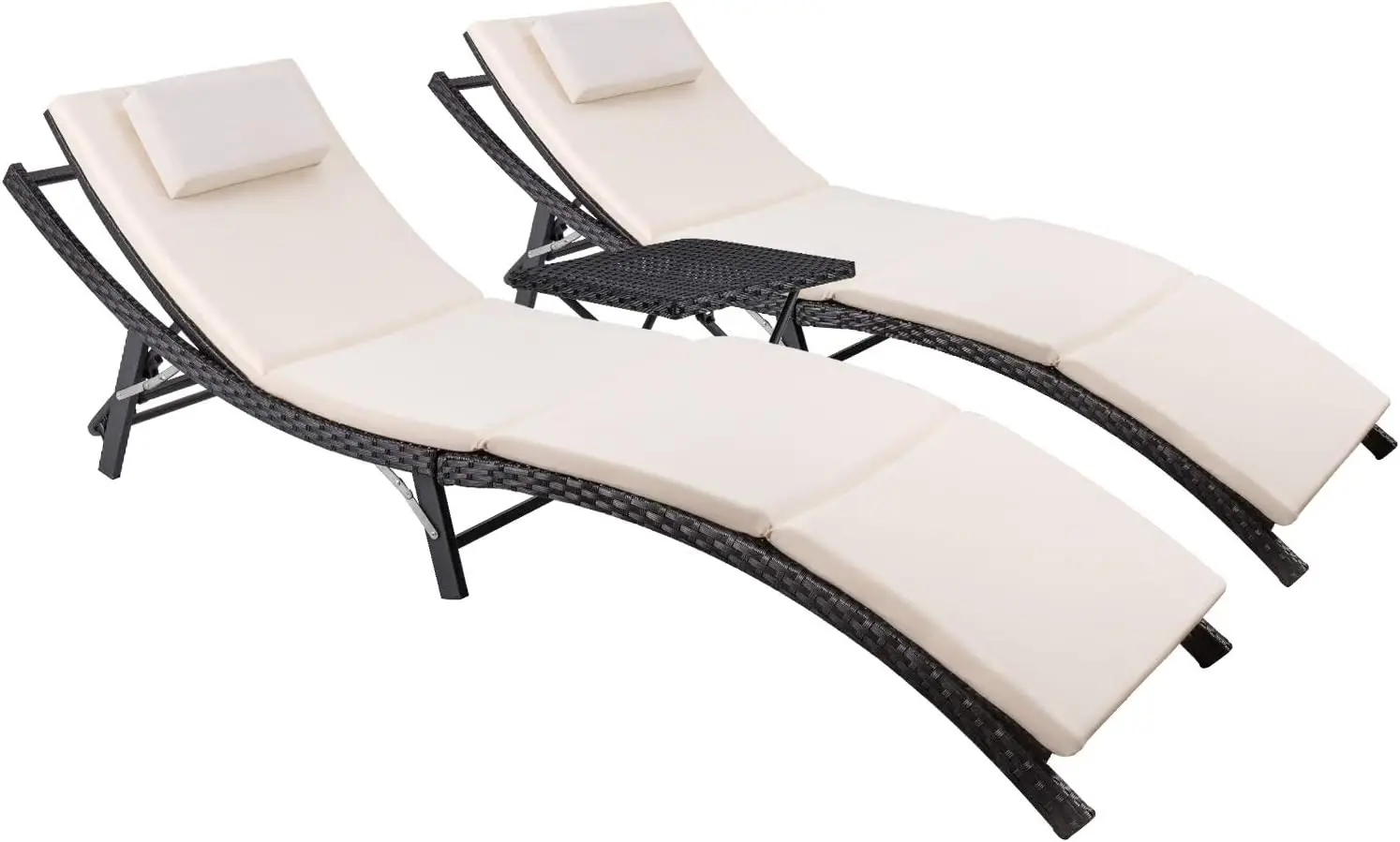 

Comfort Corner Chaise Lounge Sets Outdoor Rattan Back 3 Pieces Cushioned Patio Folding Chaise Lounge with Folding Table