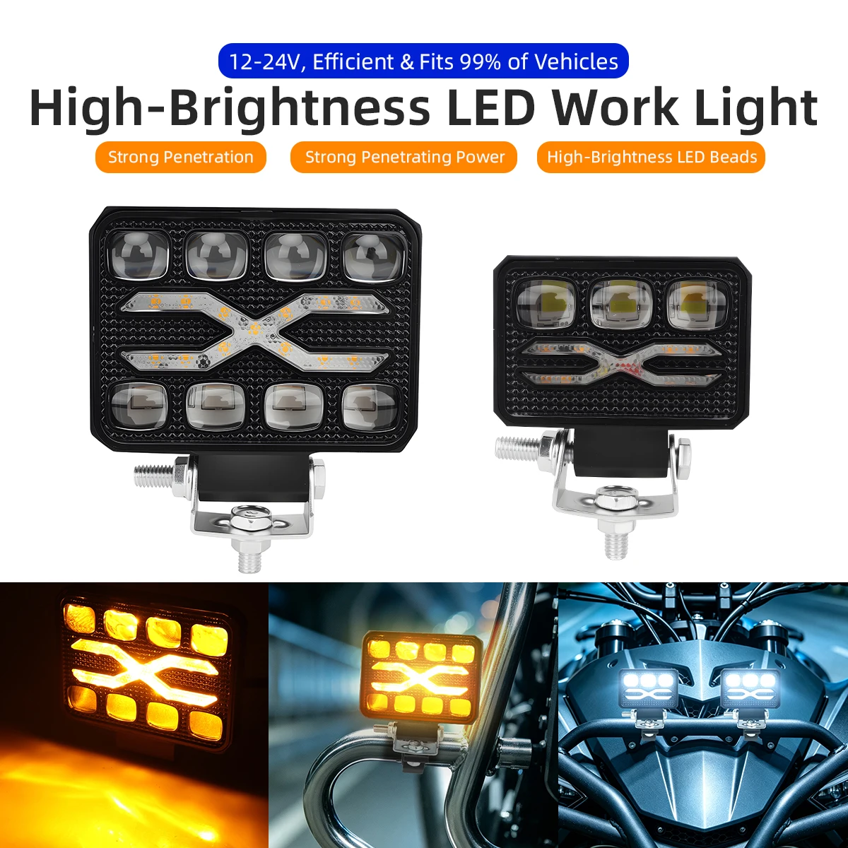 12V-24V LED Wrok Light Car Driving DRL Spotlight Truck Auxiliary Square Hi/Lo Beam Lamp White Yellow for Off-road Motorcycle SUV
