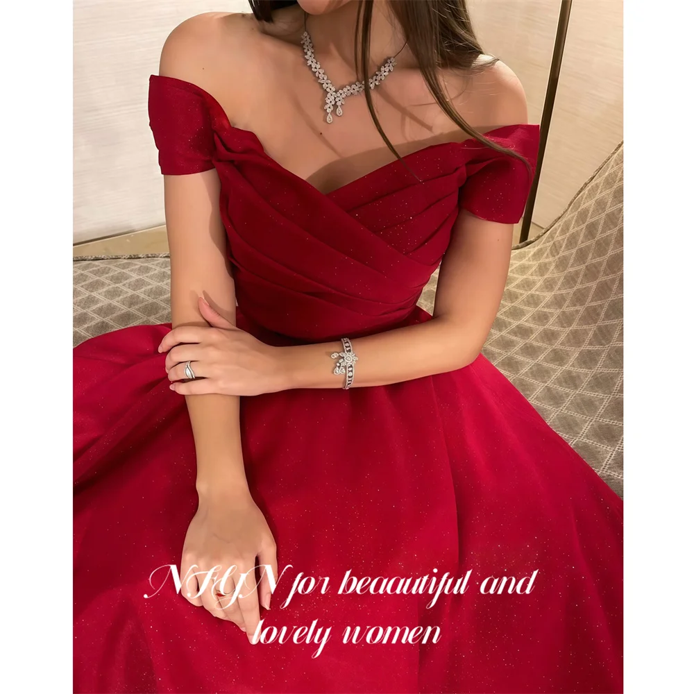 NFYN Red Evening Gown Off Shoulder Prom Dresses A Line Ruched Wedding Evening Dresses Glitter Midi robes de soirée Customized