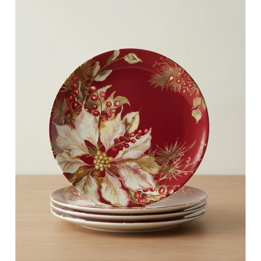 

11" Holiday Dinner Plates Set of 4, Assorted Poinsettia Designs, Durable Earthenware for Festive Dining & Entertaining