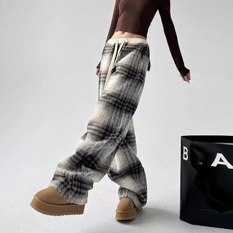 Plaid Wide-leg Pants For Women In Autumn Winter New Style Lazy Drape Loose Straight Casual Pants