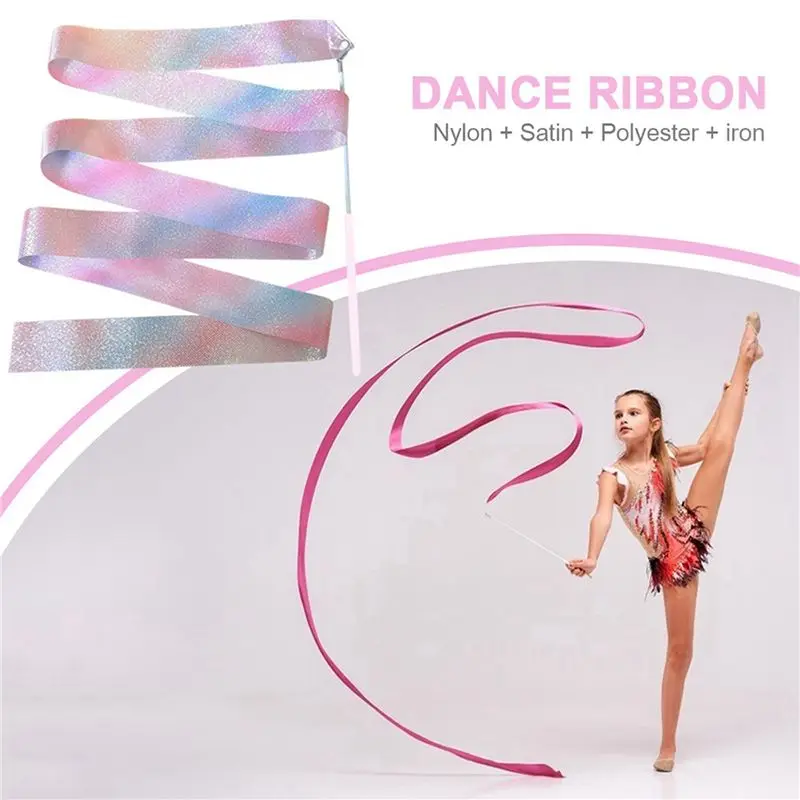 AEF6-3Pcs 2M Flashing Star Gym Ribbons Dance Ribbon Rhythmic Art Gymnastics Ballet Streamer Twirling Rod Rainbow Stick