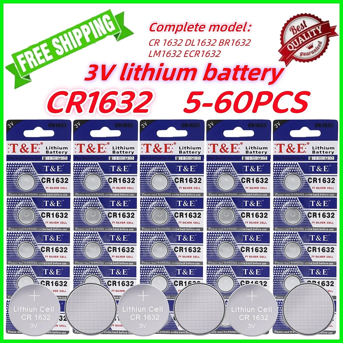 5-60PCS CR1632 3V lithium battery 125mAh BCR 1632 DL1632 BR1632 LM1632 ECR1632 Button Coin Cells Batteries For Watch Remote Key