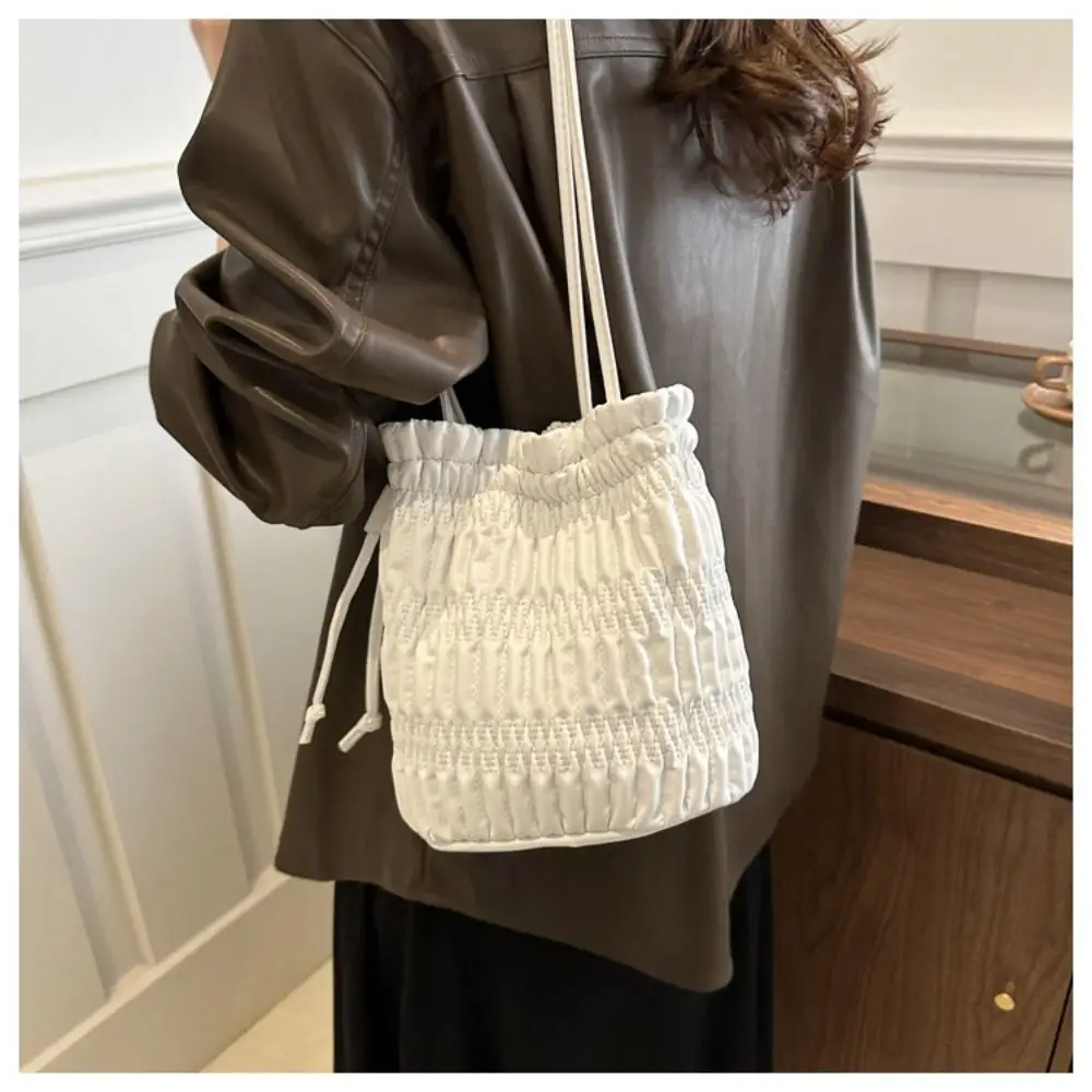 

Korean Style Pleated Bucket Bag PU Leather Elegant Drawstring Handbags Tote Bag Casual Solid Color Crossbody Bag
