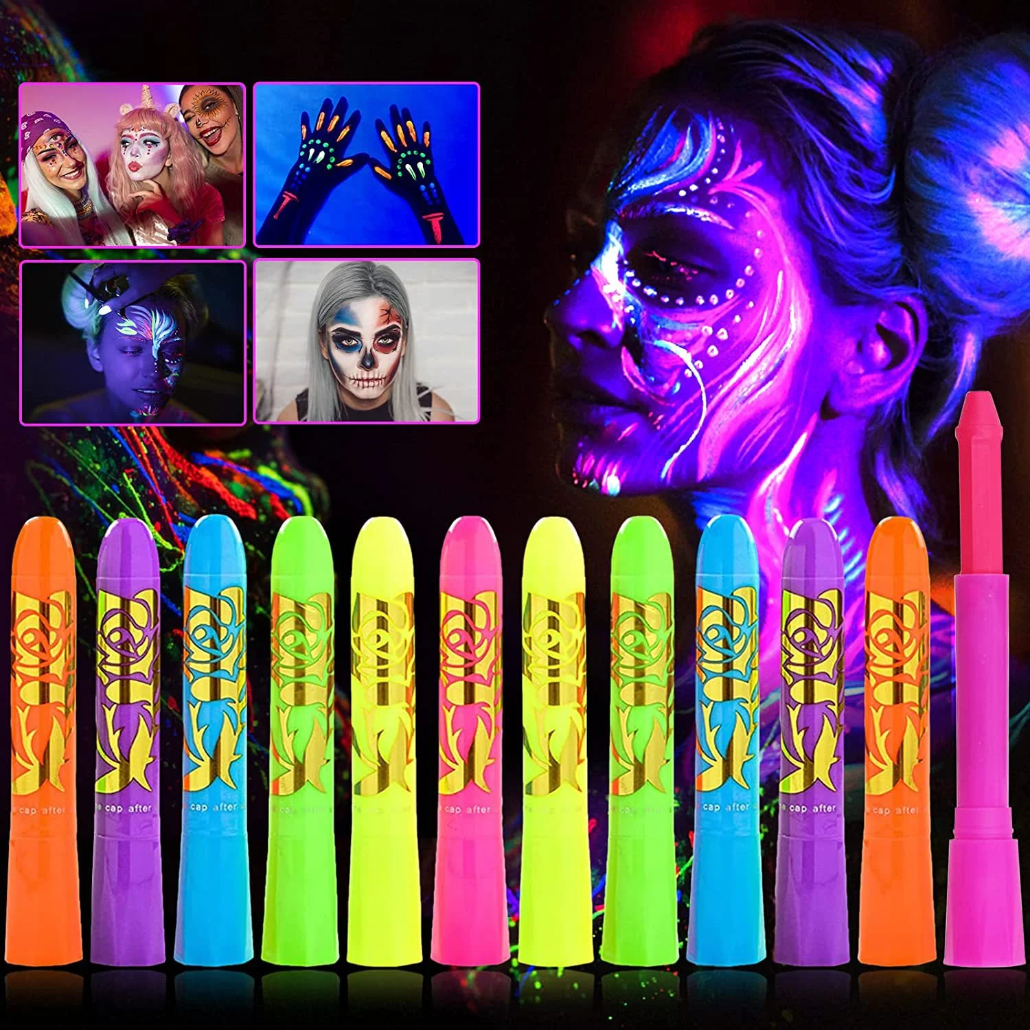 6/12 Colors Glow Neon Oil Face Body Paint Crayons UV Neon Glow Fluorescent Painting Halloween Party Art Makeup Kit