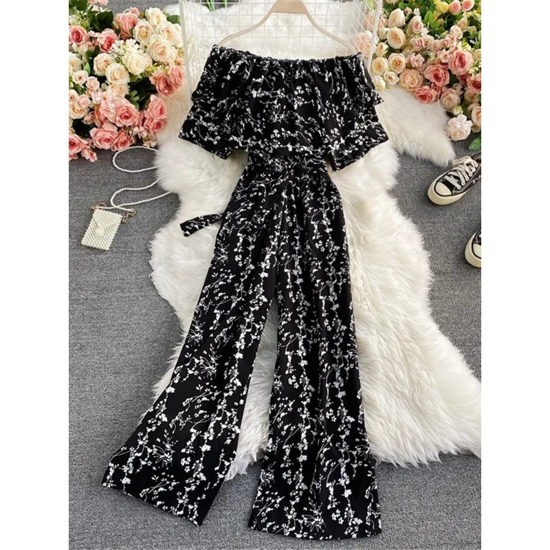 

Sweet Memory Summer Women Sexy Slash Neck Off Shoulder Jumpsuits Elegant Floral Printed Ruffle Wide Leg Romper Clothes