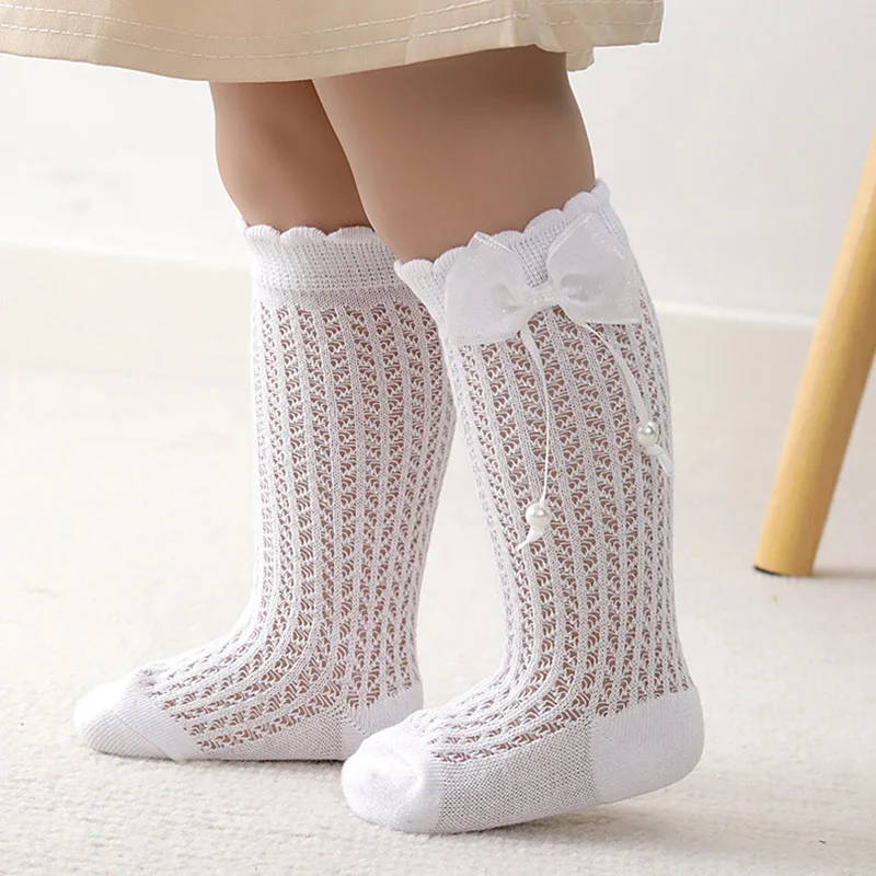 

Princess Girl Bow Stockings Summer Baby Mesh Socks Thin Hollow Breathable Anti-mosquito Long Sock 0-3Year Kids Cotton Footwear