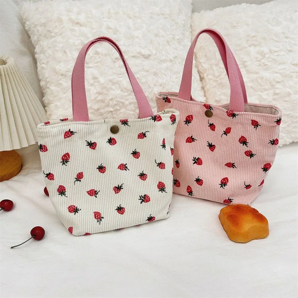 Large Capacity Strawberry Printing Shoulder Bag Fruit Versatile Corduroy Tote Bag Leisure Sweet Korean Style Handbag Outdoor