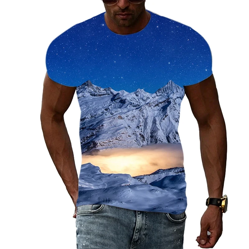 تي شيرت برسومات للمناظر الطبيعية للرجال والنساء ، مطبوع ثلاثي الأبعاد ، ملابس الشارع غير الرسمية ، قمم برقبة دائرية كبيرة ، جبال البحيرة ، الموضة #1