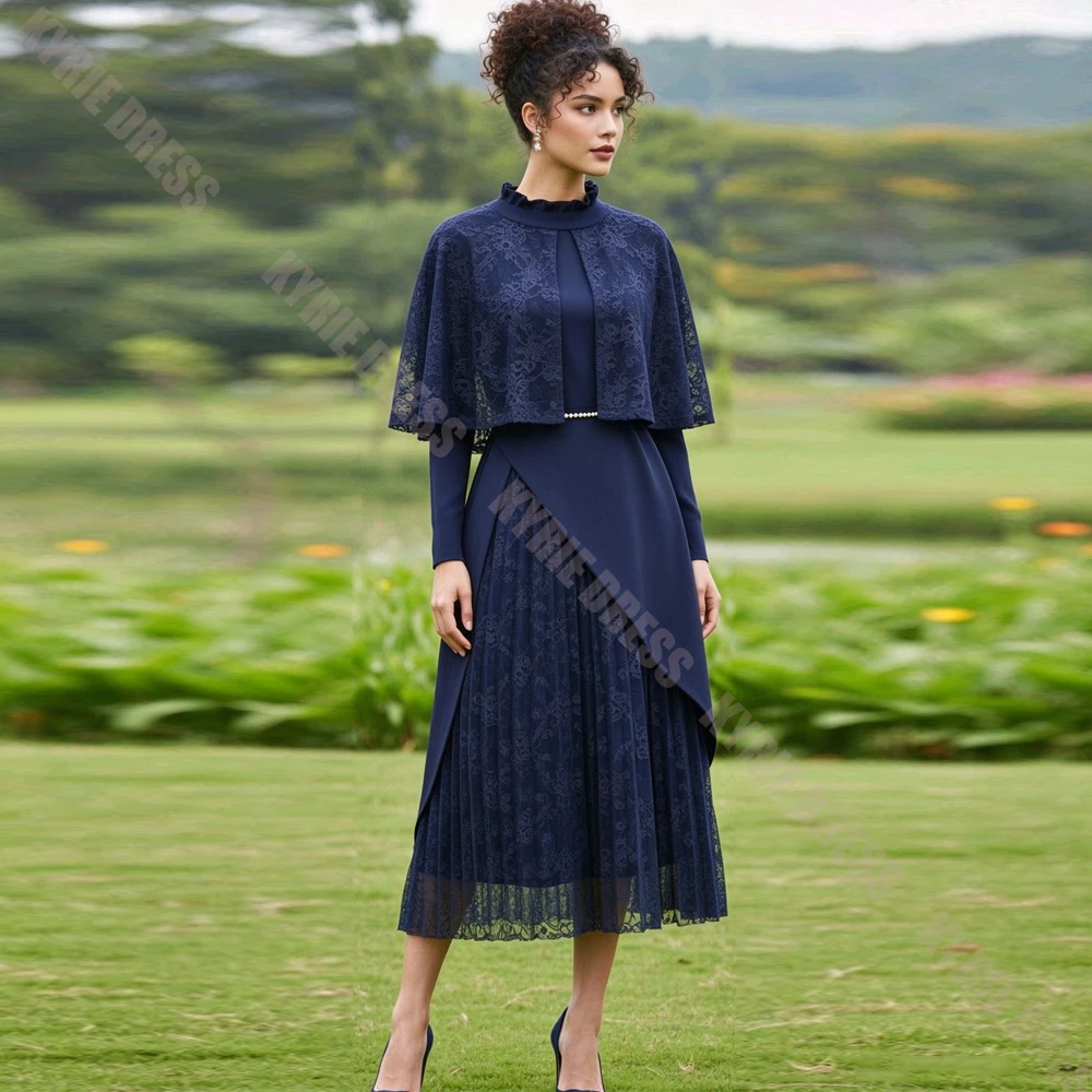 Fashion Mother of The Bride Dress Customized High Neck Short Lace Cape Full Sleeves Women Wedding Guest Gown Party Evening Dress