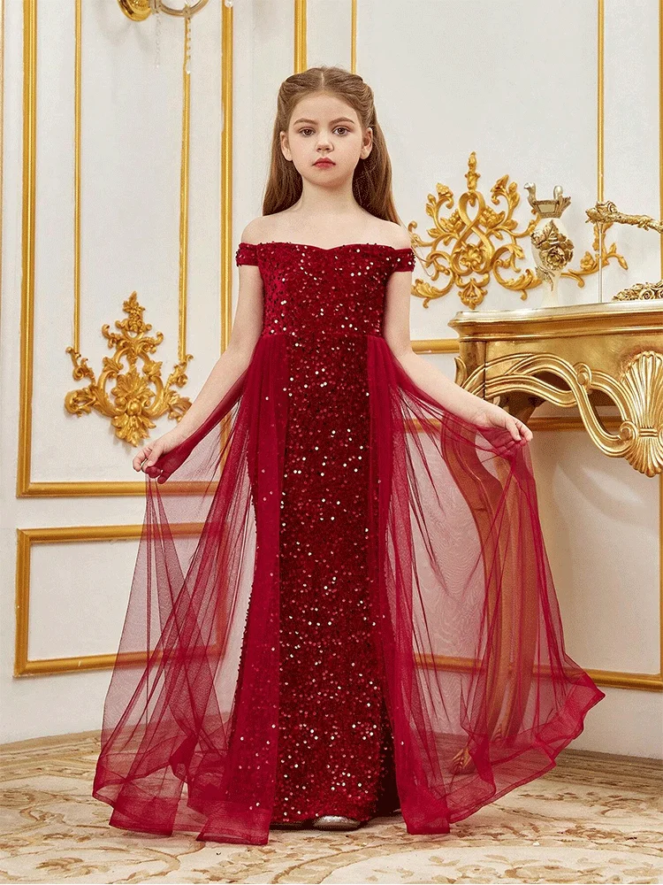 Girls Sleeveless Sequined Tulle Wedding Flower Girl Evening Dress Banquet Birthday Party Evening Dress Girls Stage Dress
