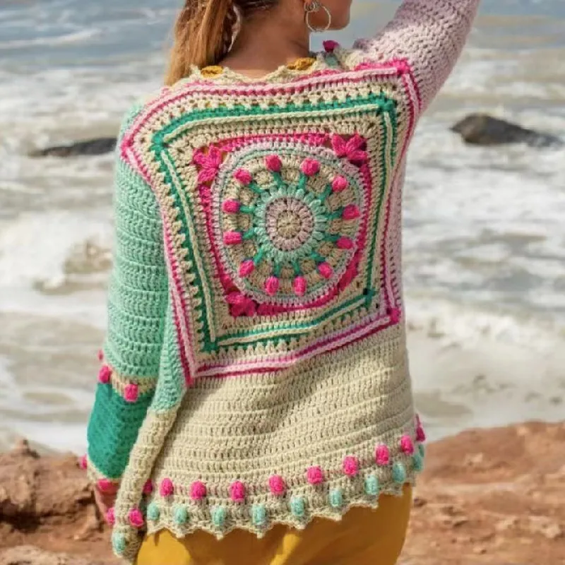 2024 BOHO Contrast Color Hand Crochet Cardigan Ethnic Woman No Button Open Stitching Full Sleeve Sweater Beach Knitwear Jumper