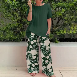 Elegant Loose Tops And Pant Sets Women 2024 Casual Loose Solid Color Blouse Wide Leg Trousers 2 Piece Sets Women Outfit Summer