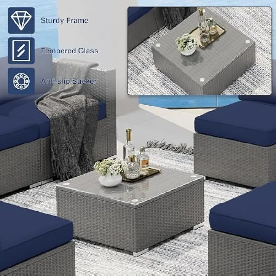 7 Pieces Outdoor Patio Furniture Set, Grey Rattan Outdoor Patio Sectional Conversation Set, Modular Sofa Set with Coffee Table