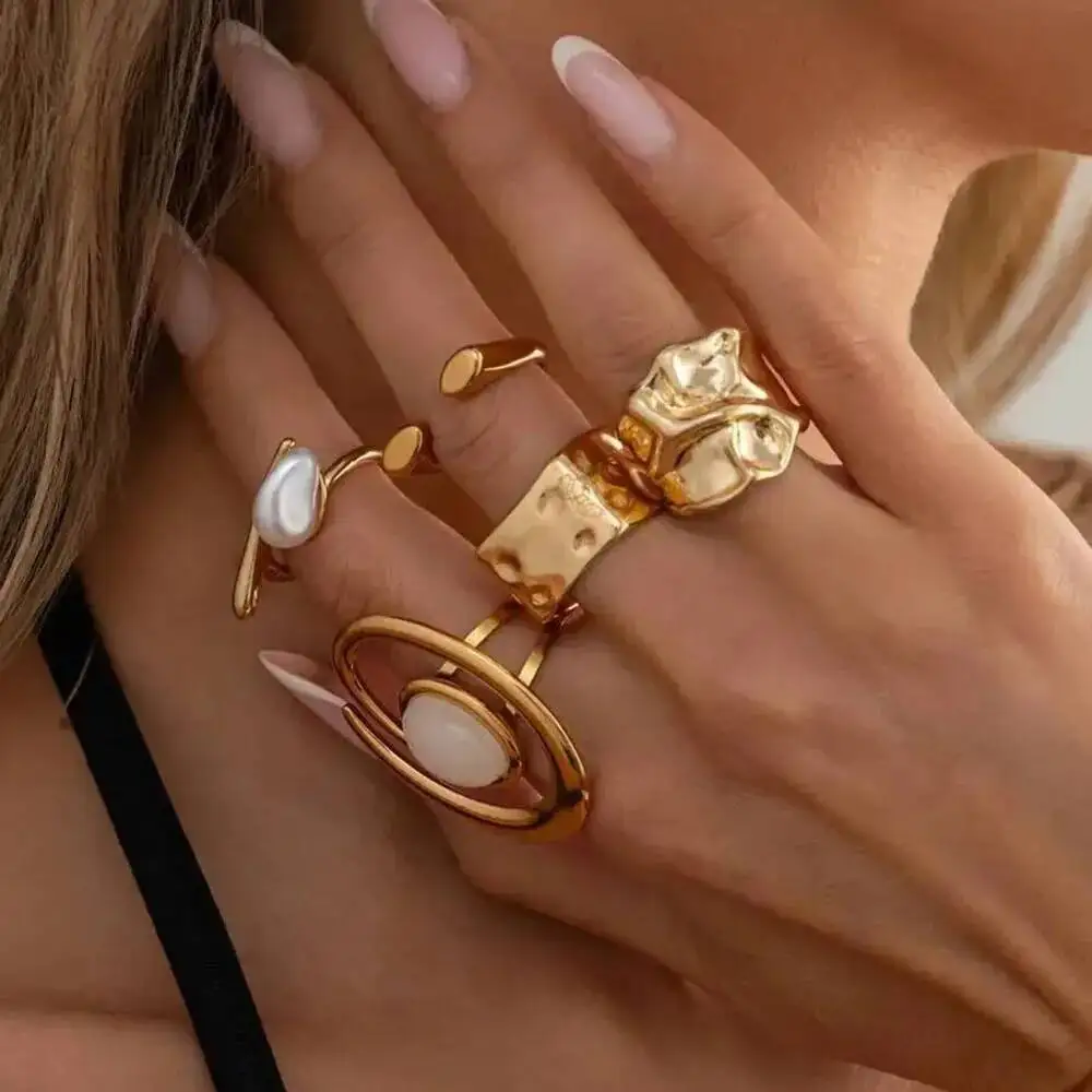 

KunJoe 5Pcs/Set Punk Gold Color Stackable Open Rings Women Fashion Geometric Imitation Pearl Irregular Adjustable Ring Jewelry