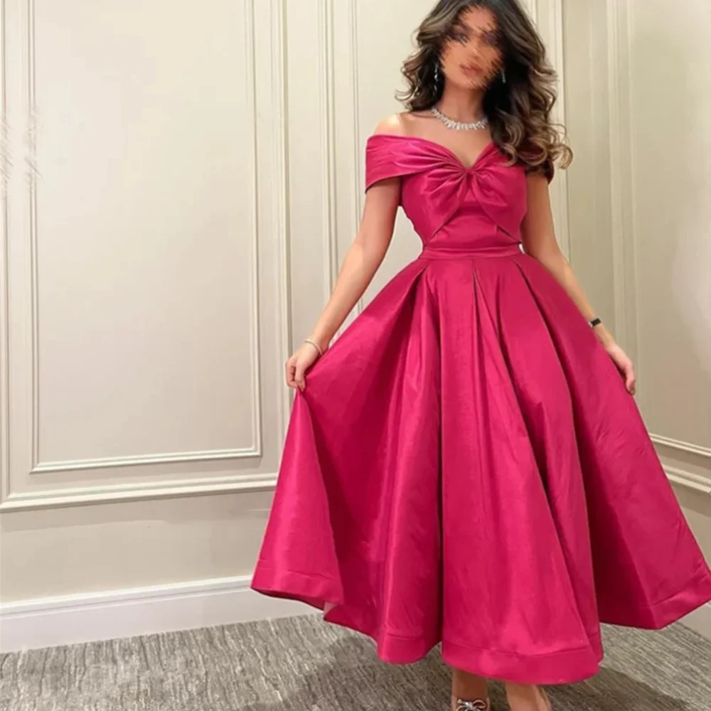 

Vintage Short Fuchsia Off the Shoulder Satin Evening Dresses Short Sleeves A Line Tea Length فساتين سهرة سعودي 2024