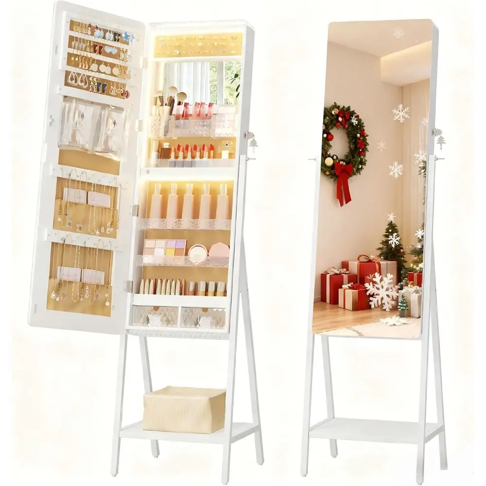 LED Standing lry Mirror Cabinet, Stand Up ull Length Mirror with Storage, Lockable loor lry Armoire Organizer with 2 Ders, Botto