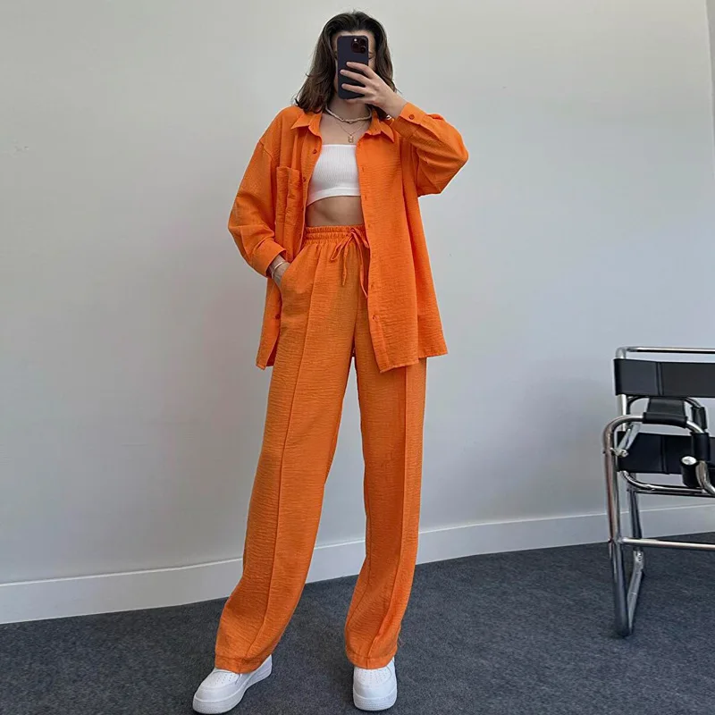 Two Piece Set Solid Long Pant Sets Loose Full Sleeve Shirts Splice Button Tops Casual Drawstring Trousers Elegant Office Lady