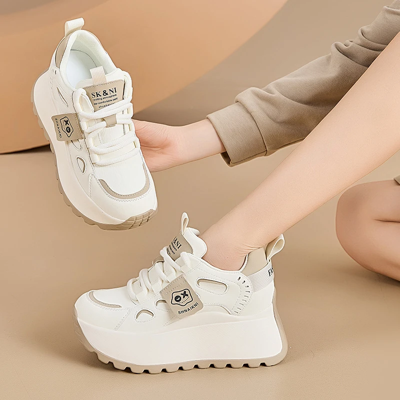Womens White Red Color Block Platform Chunky Heel Sneakers Cartoon Logo Breathable Lace Up Casual Daily Sports And Casual Shoes