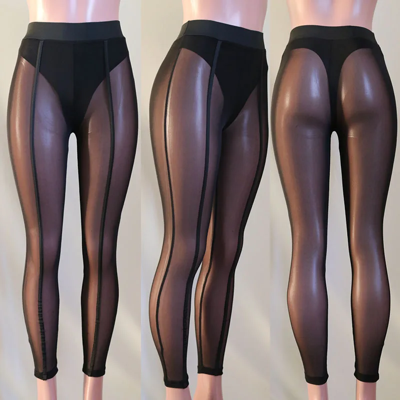 Mesh See-through Patchwork Sexy Leggings Women Tights High Waisted Skinny Elastic Body-Shaping Trousers Medias Termicas De Mujer