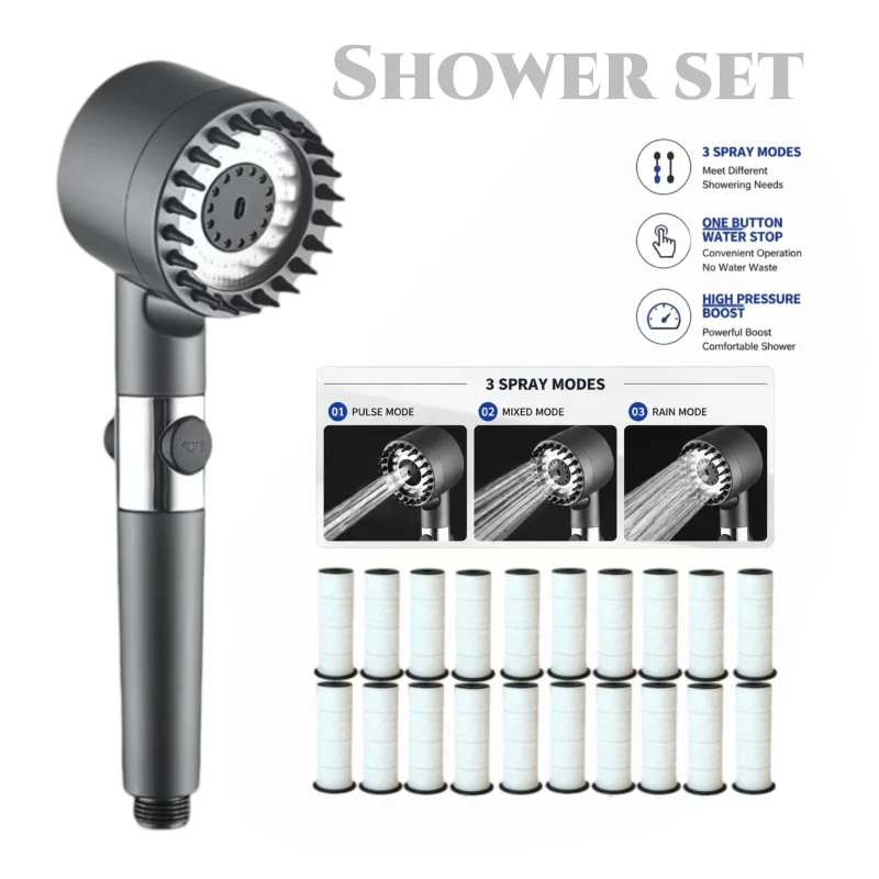 Purple/Gray/Black Shower Built‑in Filter 3 Modes One Key Stop 20PCS Filters Shower Only