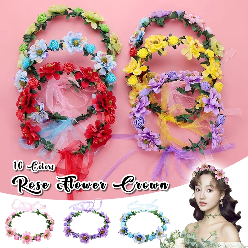 

Регулируемый венок из лент для волос, женский цветочный венок, цветочная корона, головной убор для девочек-цветочниц, свадебный цветочный венок, тиара, обруч для волос