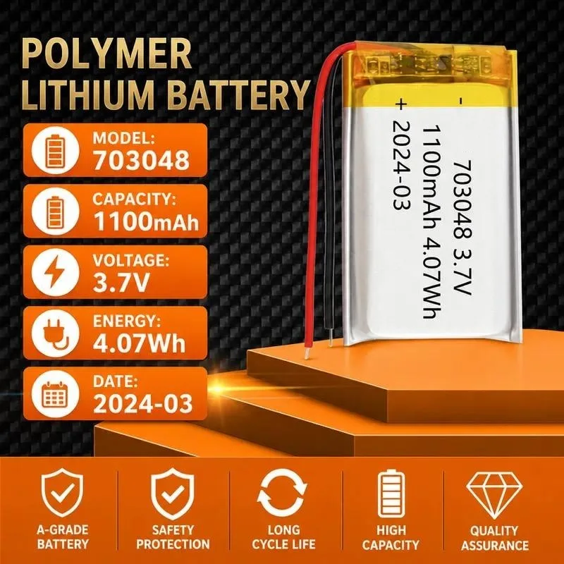 100pcs 703048 Polymer Lithium Battery 1100mAh 3.7V for Cosmetic Mirror Shoulder and Neck Physiotherapy Instrument Eye Protection