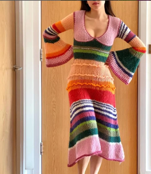 2024 Spring Dress Small Fresh High end Customized Maheimao Large V-neck Flare Sleeves Colorful Pullover Woolen Dress Knitwear