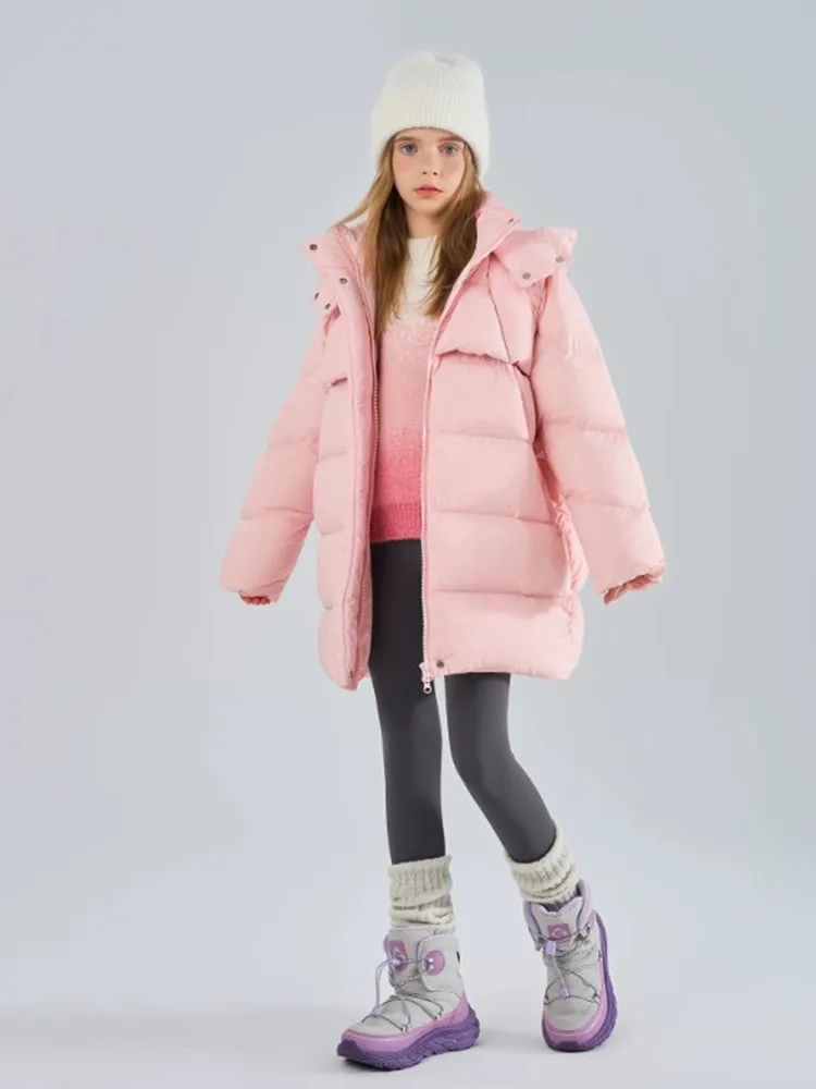 Mädchen Winter Kapuzen-Pufferjacke, mittellange, dicke, warme Daunenjacke für Kinder, einfarbig, winddichte Oberbekleidung für ältere Mädchen, Schneemantel. – Detail 6