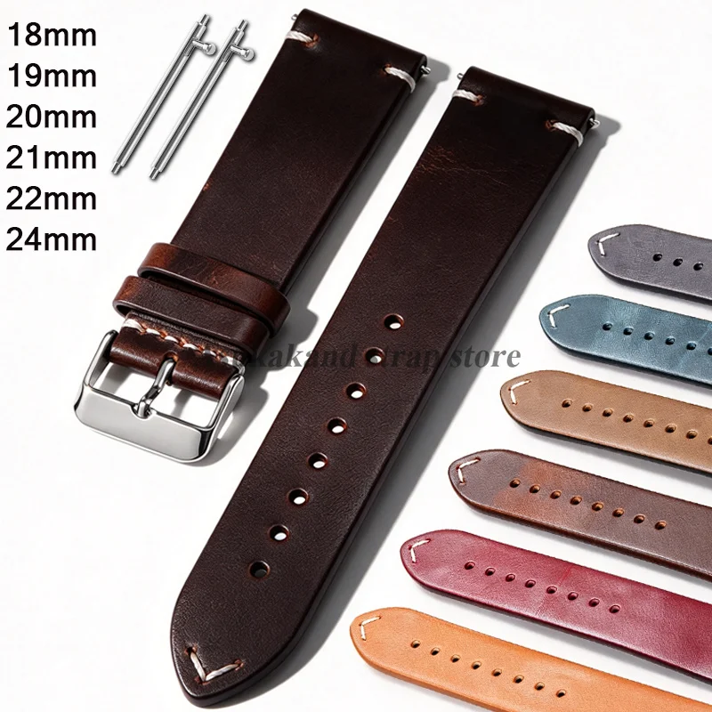 18mm 19mm 20mm 21mm 22mm24mm Handmade Retro Oil Wax Leather Strap Calfskin Quick Release Bracelet Women Men Watchband Pin Buckle