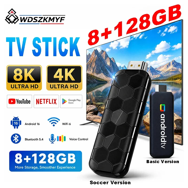 R3+ Smart WiFi 6 Android 16 TV Stick 4K 8K Ultra HD Decoder Bluetooth Smart Streaming TV Box Voice Remote for Netflix YouTube