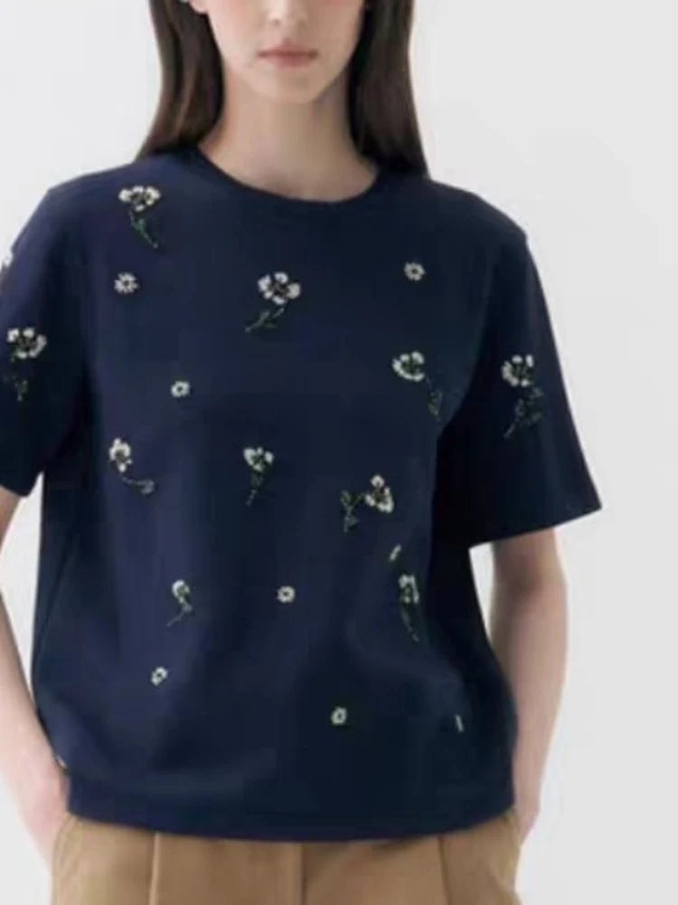 

Summer New Korean Style Casual Loose Heavy Embroidery Flower round Neck Short Sleeve T-Shirt Women's Cotton Basic Top