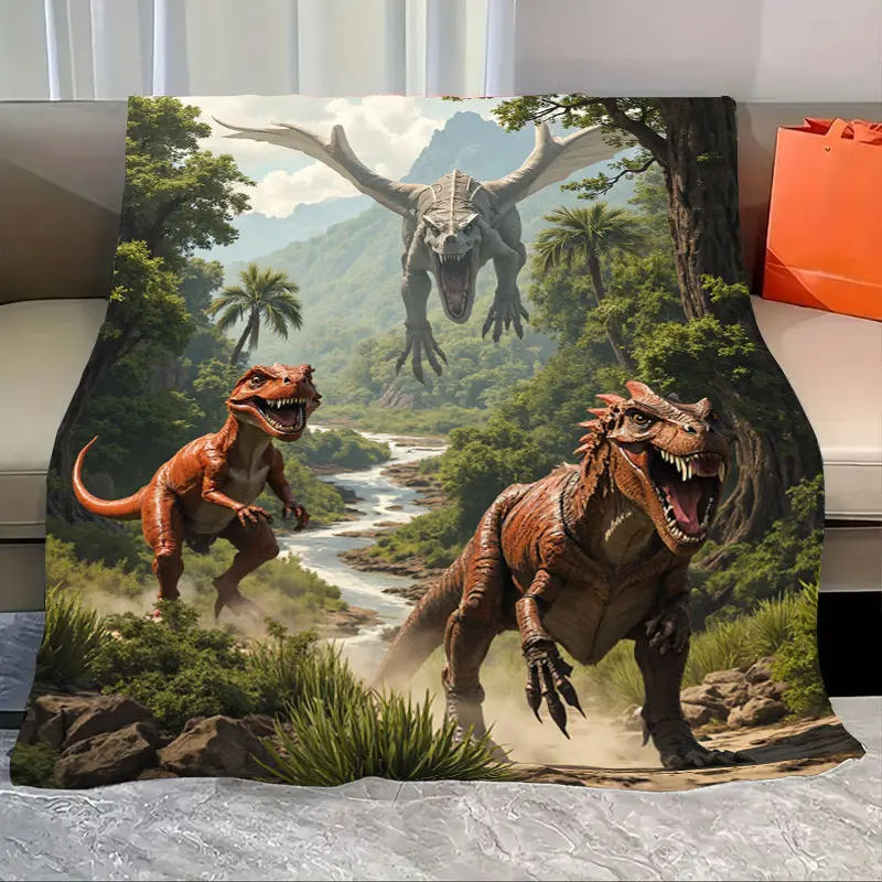 

1pc Flannel Blanket Dinosaur Adventure Blanket - Roaring T-Rex & Pterodactyl in Jungle Scene