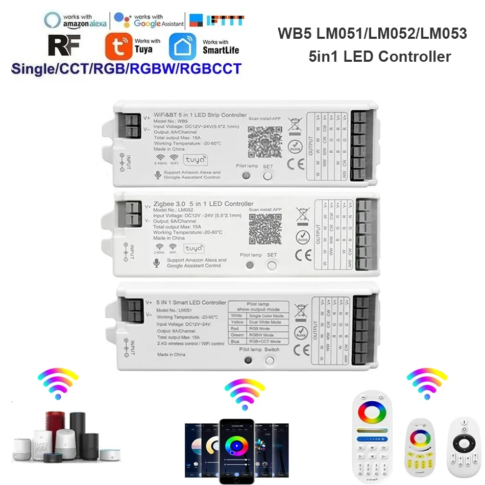 5 in 1 LED Controller WIFI BT 3.0 WB5 2.4G RF LM051 Zigbee 3.0 LM052  LM053 Smart Remote For Color Dual Color RGB RGBW led strip