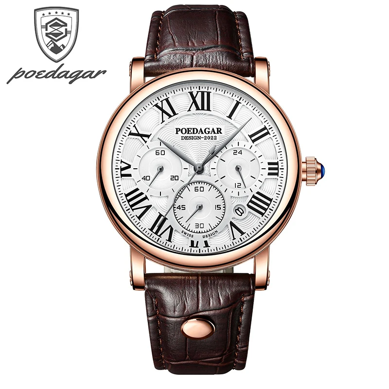 POEDAGAR Multifunction Men Watches Luxury Stopwatch Calendar Waterproof Quartz Wristwatch For Man Casual Genuine Leather Clock