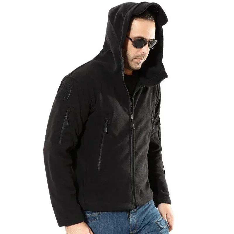 

2023 Spring Winter Fleece Jacket with Hoodie Mens Tactical Fleece Jacket Full-Zip Up Outdoor Windproof Hooded Warm Work Coat