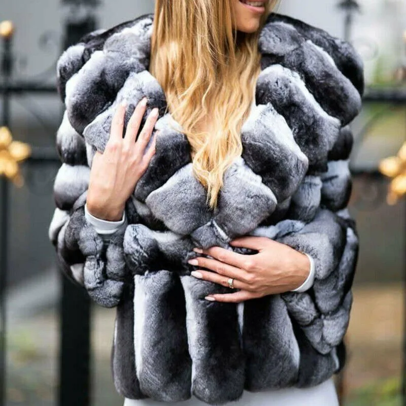 New Winter Chinchilla Fur Jacket Hooded Women Fashion Rex Rabbit Fur Coat High Street Plus Size Warm Furry Natural Fur Outerwear