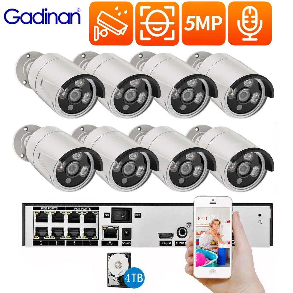 

Gadinan 8CH NVR Set Outdoor Audio Record 5MP POE IP Camera Face Detect H.265+ CCTV Video Surveillance Kit Security Camera System