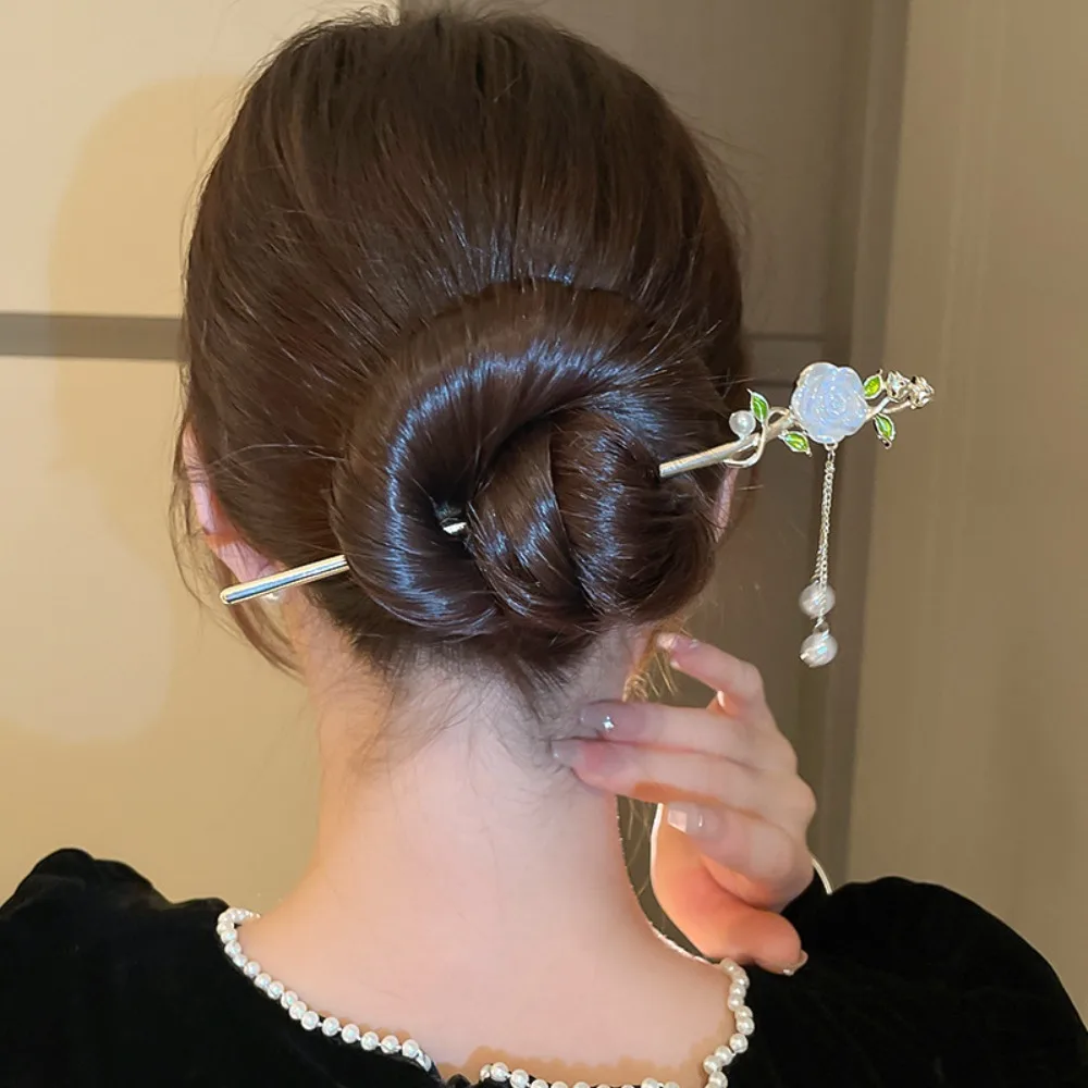 Pearl Flower Rose Hair Stick Hair Accessories Hair Chopsticks Rose Hanfu Hairpin Cheongsam Hanfu Tassel Hair Fork